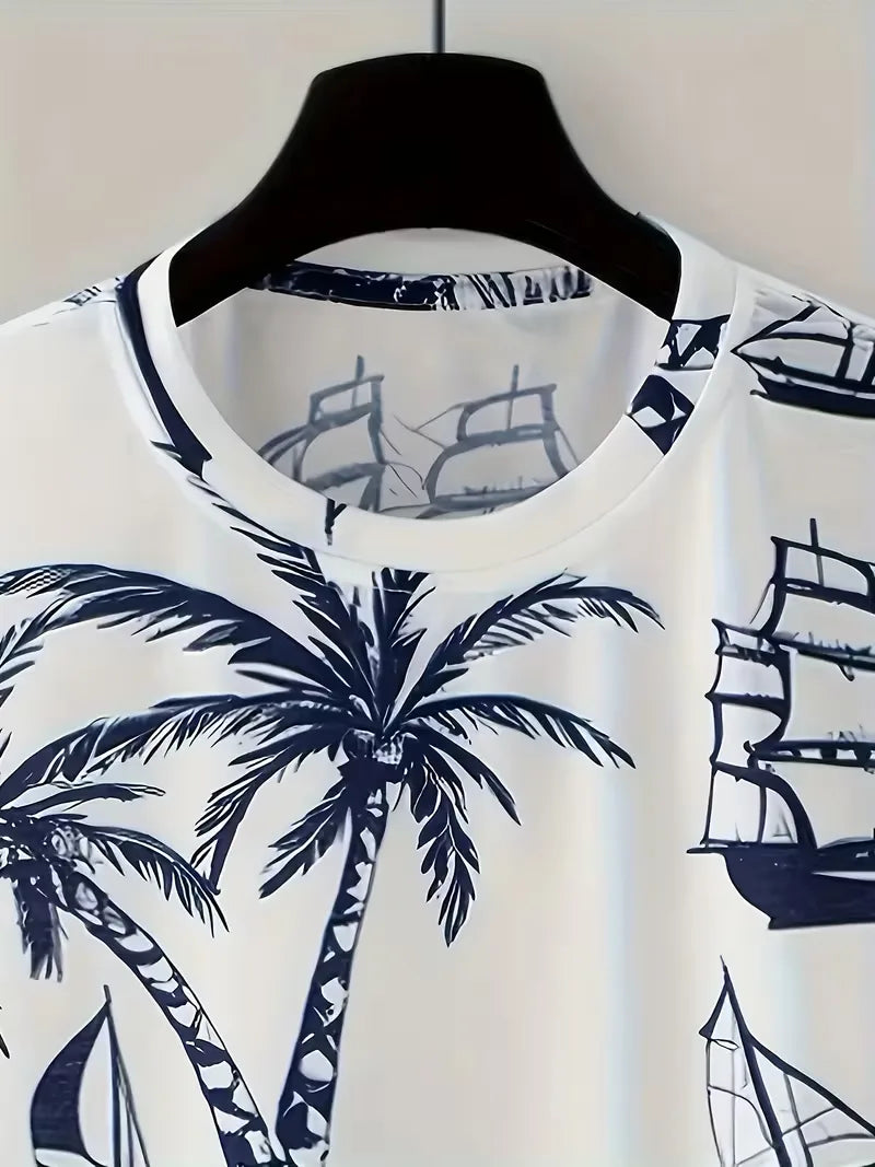 Tweedelige heren zomerkledingset met trendy 3D print T-shirt en shorts, ideaal voor comfort op vakantie.