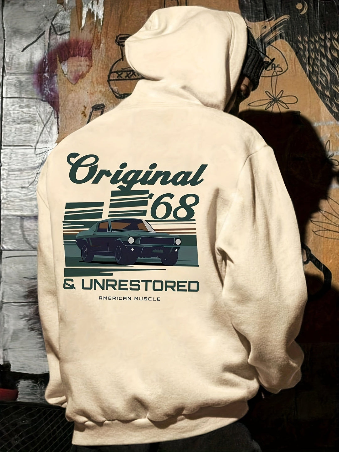 Grijze heren vintage muscle car hoodie, loose fit voor een casual en comfortabele herenkleding look.