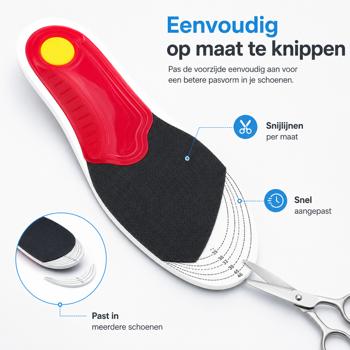Anatomische steunzolen met voetboogondersteuning en diepe hielcup voor maximale stabiliteit en comfort.