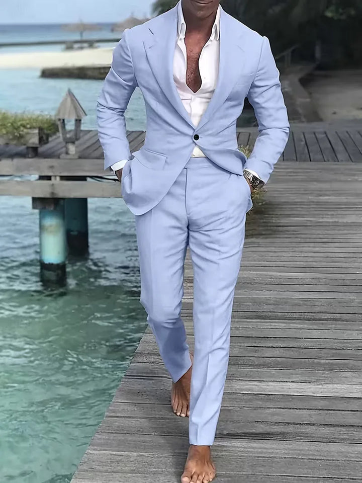 Stijlvol slim fit herenpak, perfect voor zakelijke bijeenkomsten of formele gelegenheden.