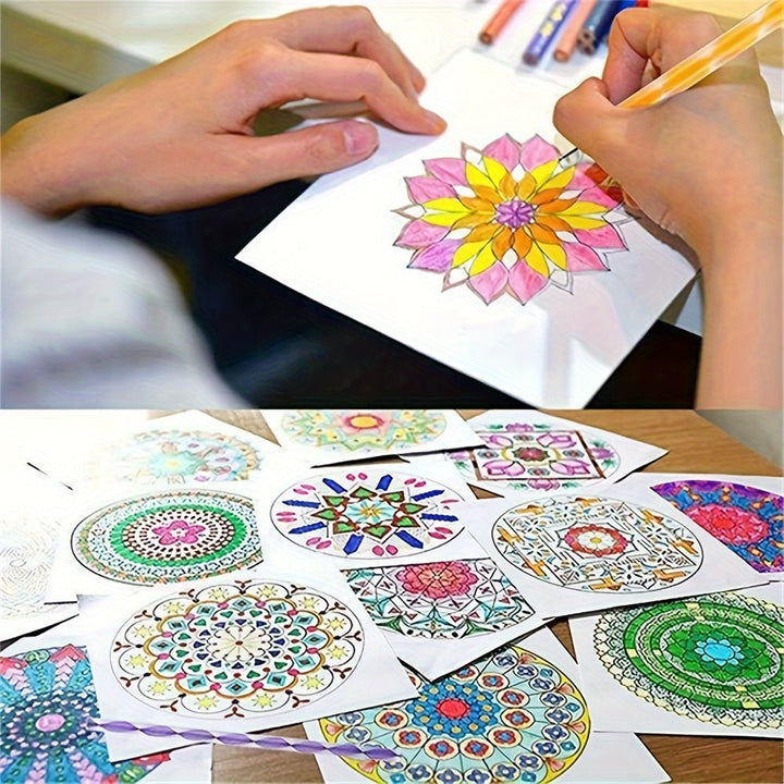 Mandala dotting tools naast een voorbeeld van rock art, perfect voor creatieve hobby's en kunstenaars.