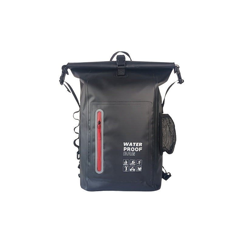Beschermende 25L waterdichte rugzak met roll-top, houdt inhoud droog op strand of tijdens sport.