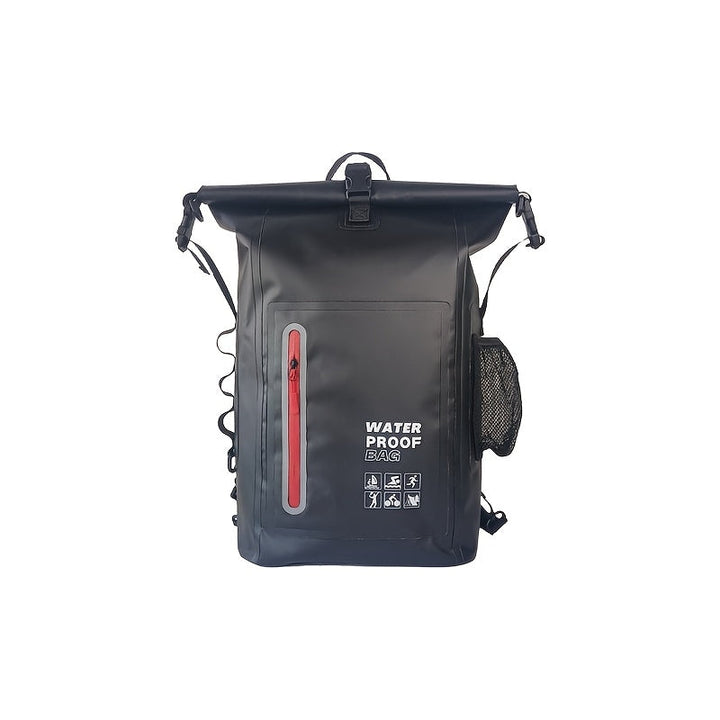 Beschermende 25L waterdichte rugzak met roll-top, houdt inhoud droog op strand of tijdens sport.