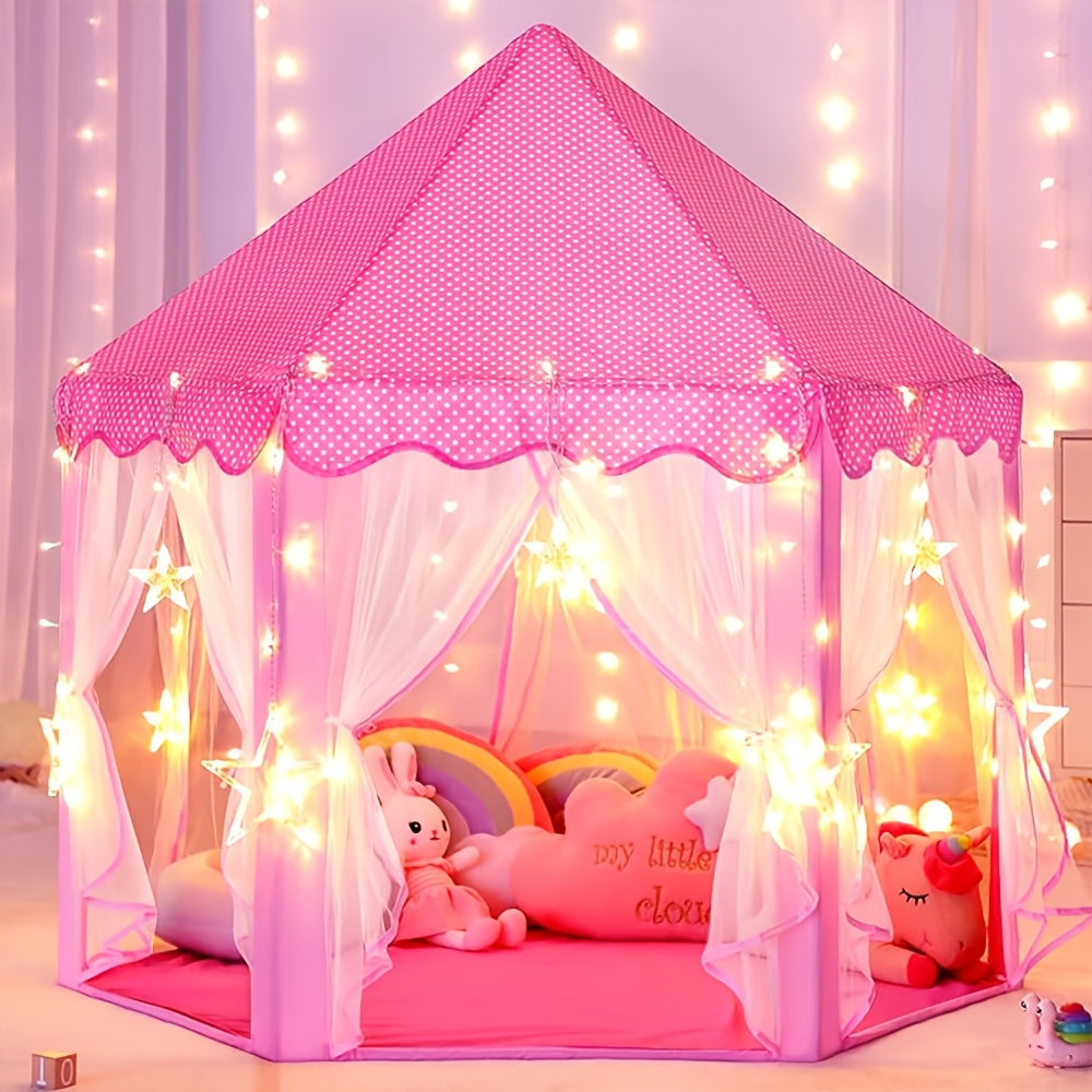 Sprookjesachtige roze speeltent met sterren, ontworpen als prinsessenhuis voor uren speelplezier, binnen én buiten.
