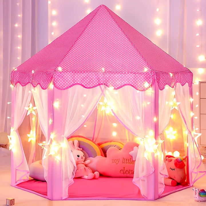 Sprookjesachtige roze speeltent met sterren, ontworpen als prinsessenhuis voor uren speelplezier, binnen én buiten.