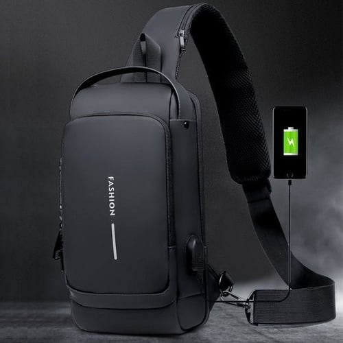 Zwarte heren anti-diefstal crossbody, met verstelbare band, veilig voor stad en reis, inclusief USB poort.