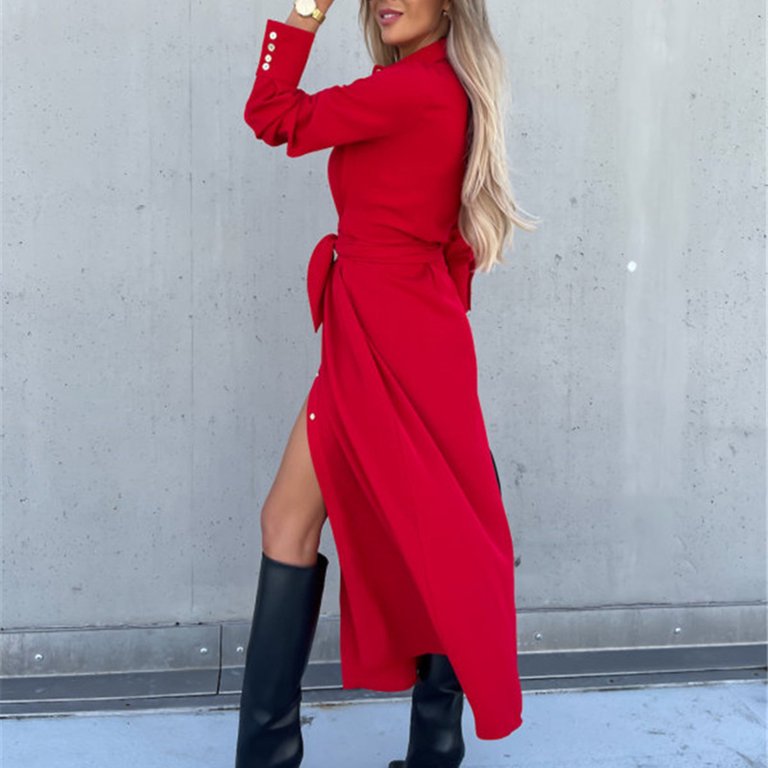 Stijlvolle dames maxi jurk, vloeiende stof, perfect voor herfst en winter.