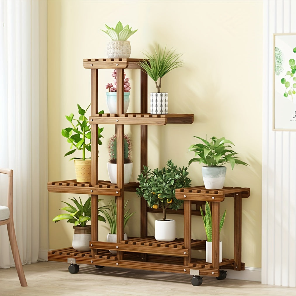 Decoratieve houten plantenstandaard met 6 lagen, perfect voor planten in tuin, op balkon of in woonkamer.