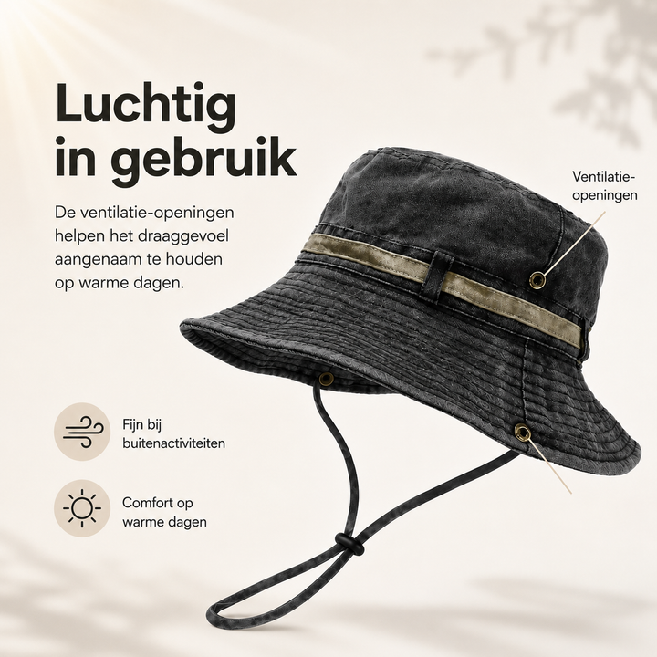 Katoenen strandhoed voor dames met brede rand en UV filter, beschermt gezicht en nek.
