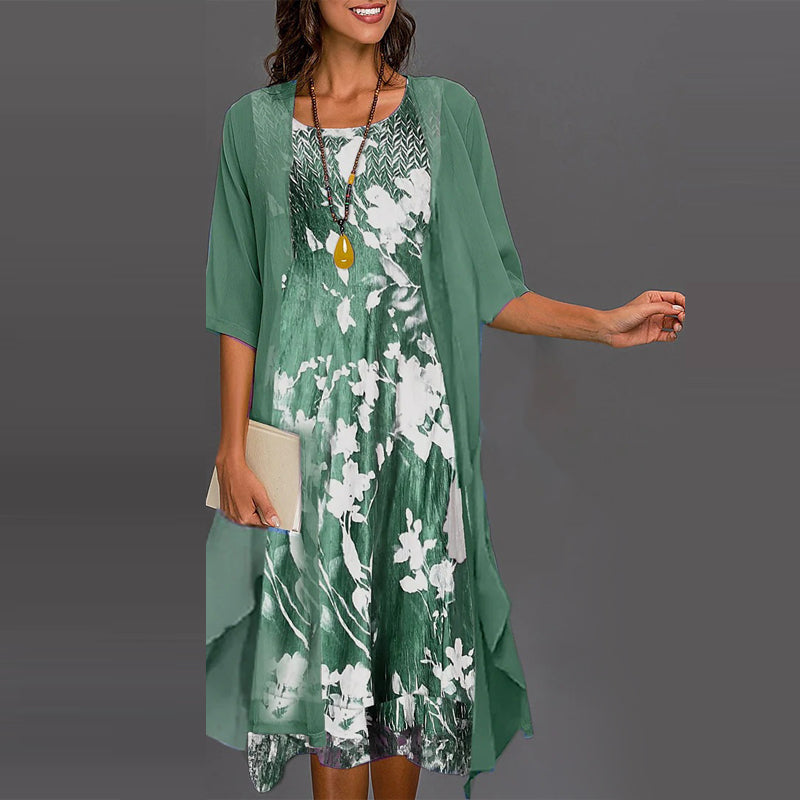 Elegante dames midi jurk met bijpassend vest, perfecte veelzijdige set voor zakelijke of feestelijke gelegenheden.