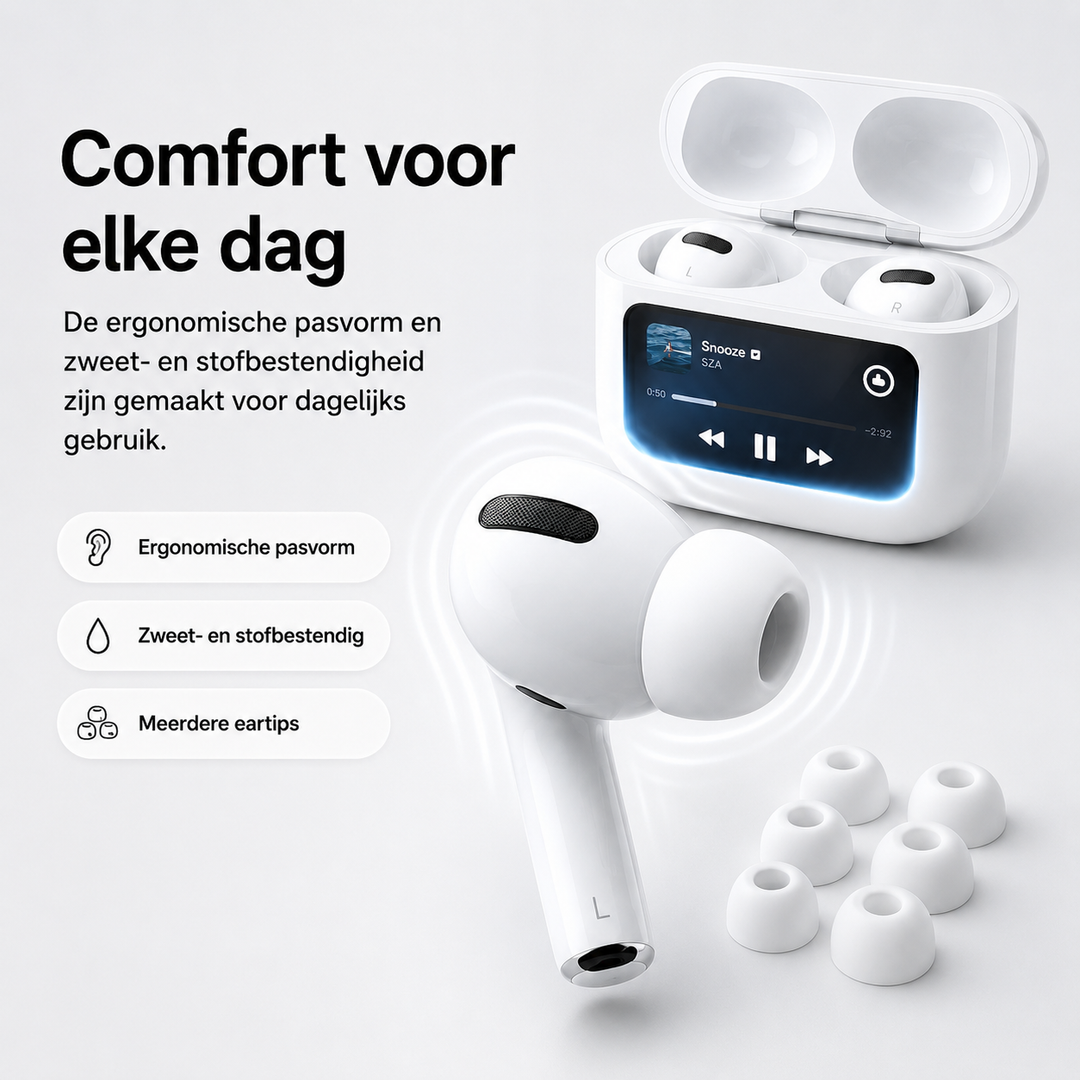 Stijlvolle draadloze oordopjes met intuïtief touchscreen voor eenvoudige bediening van audio en oproepen.