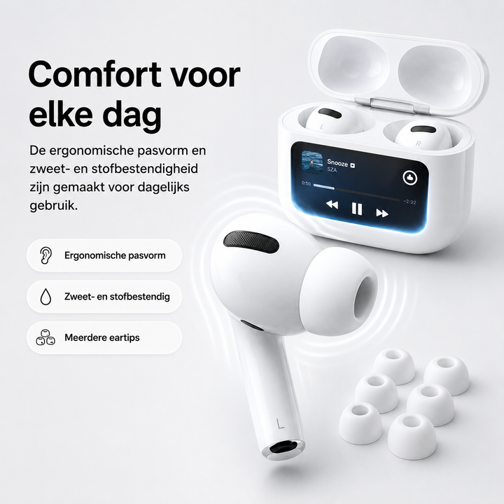 Stijlvolle draadloze oordopjes met intuïtief touchscreen voor eenvoudige bediening van audio en oproepen.