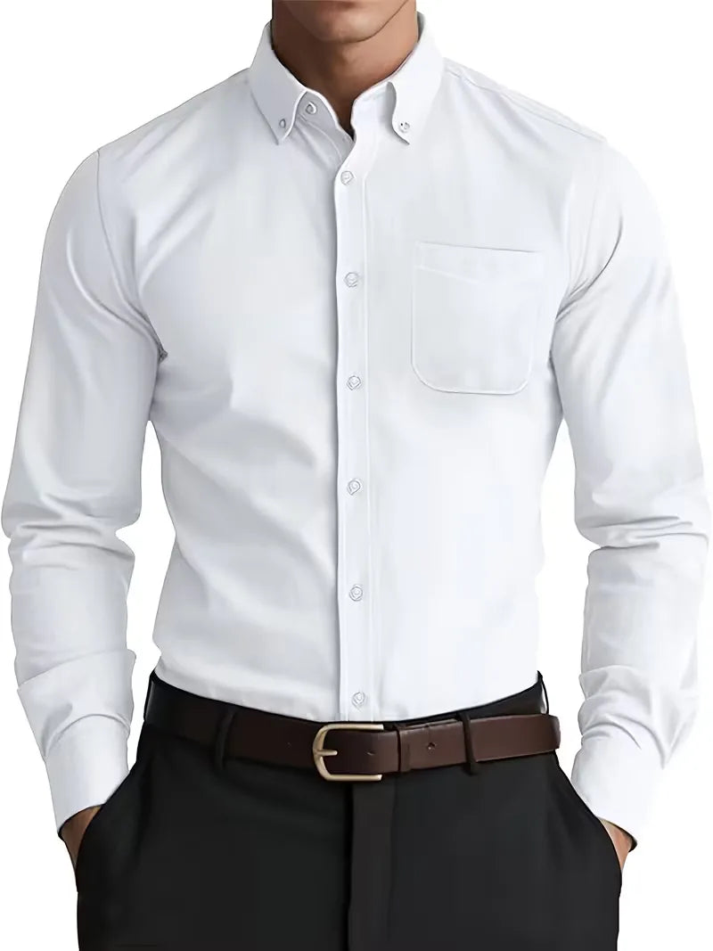 Klassiek blauw herenoverhemd met moderne mandarin kraag, lange mouwen, regular fit.