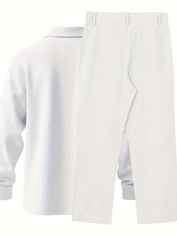 Casual heren zomerpak: mandarijnkraag linnen overhemd en broek voor elke gelegenheid.