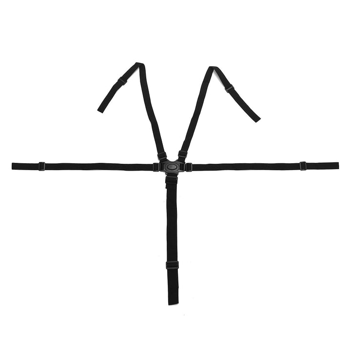 Gedetailleerd beeld van de duurzame nylon banden van de 5-punts kindergordel voor optimale veiligheid.
