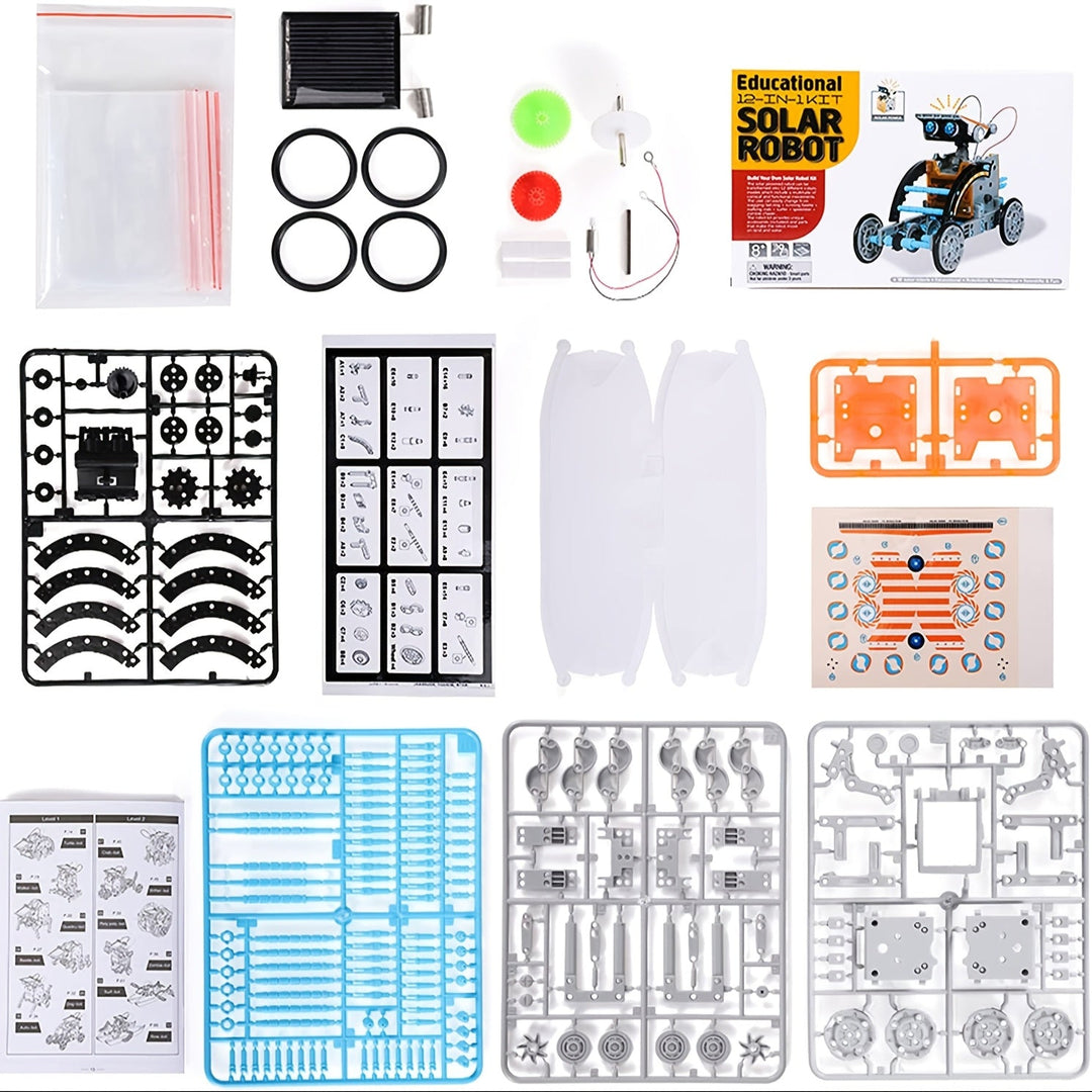 De complete 12-in-1 Solar Robo Builder set, educatief speelgoed om robotica met zonne-energie te leren.