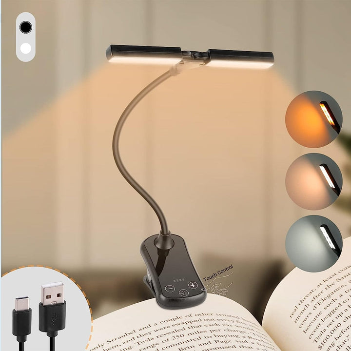 Compact USB oplaadbaar boeklampje met flexibele arm en verstelbaar warm/koud LED licht. Ideaal voor nachtlezen.