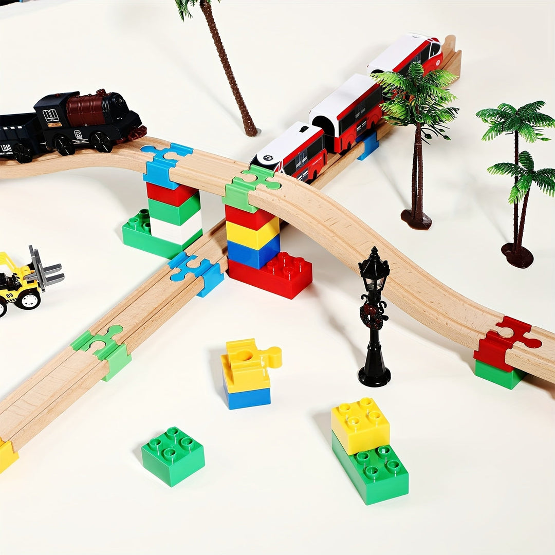 Kleurrijke spooradapters; stevige, verstelbare connectoren voor houten rails modelbouw treinbaan.