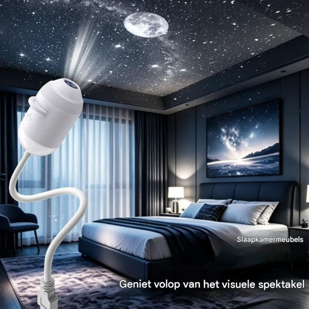 Betoverende sterrenhemel projectie van de galaxy projector, creëert een ontspannende slaapkamer sfeer.