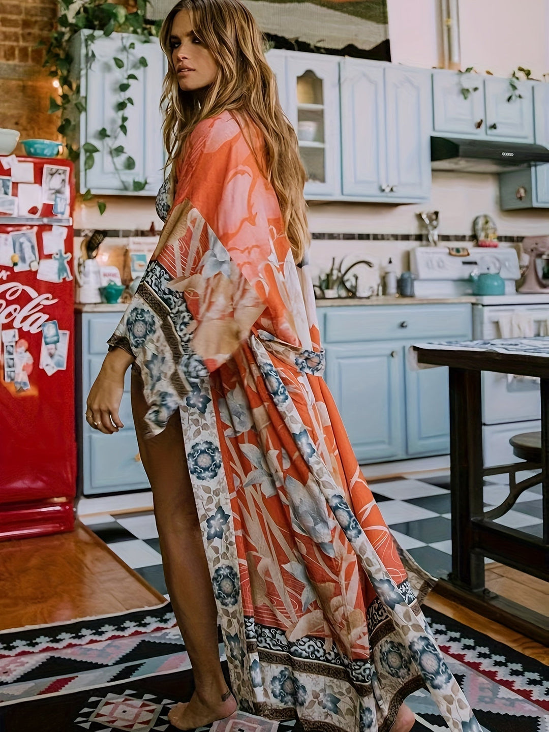 Elegante lange dames kimono met rood-oranje bloemenprint. Ideaal voor zomer & strandmode.