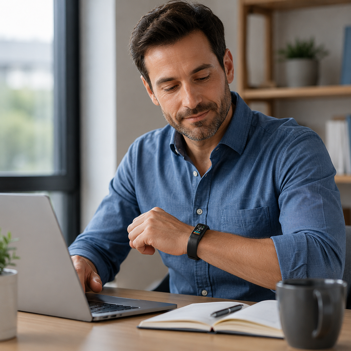 Elegante unisex slimme armband op vrouwenpols. Monitor hartslag, bloeddruk & slaap. Stijlvolle fitness tracker.