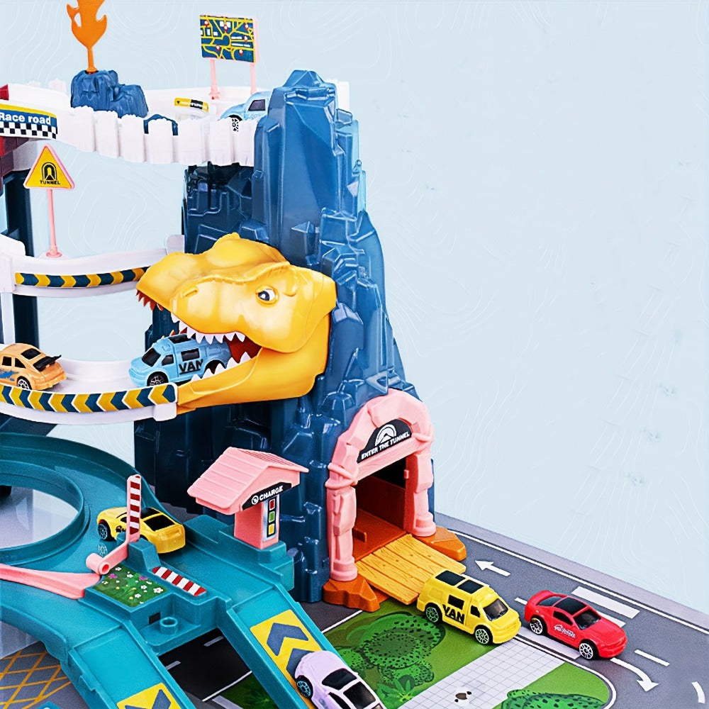 Close-up van kleurrijke raceauto's en speelgoed dinosaurussen op de spannende dino racebaan voor kinderen.