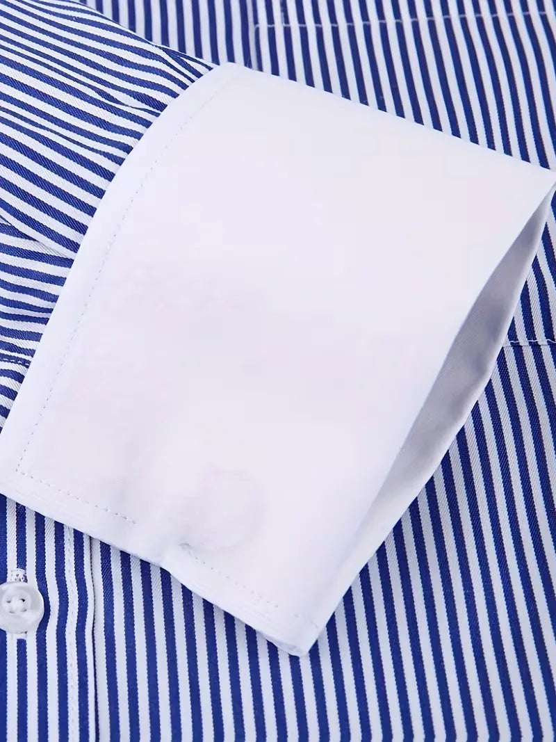 Heren overhemd met mandarin kraag, gecombineerd met een pak voor een formele look.
