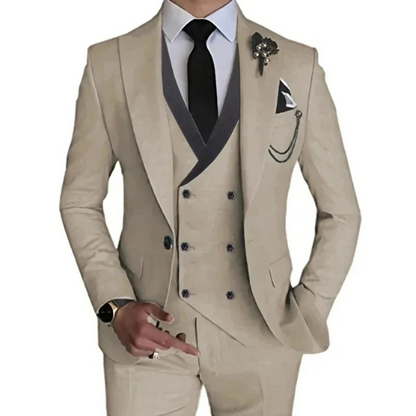 "Cambridge 3-delig slim fit pak heren: tijdloze, elegante set met blazer, vest en pantalon in luxe stretchstof."
