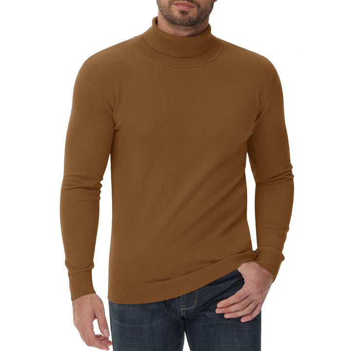 Vooraanzicht grijze gebreide heren coltrui, tijdloze wintertrui. Warme en stijlvolle mannenkleding.