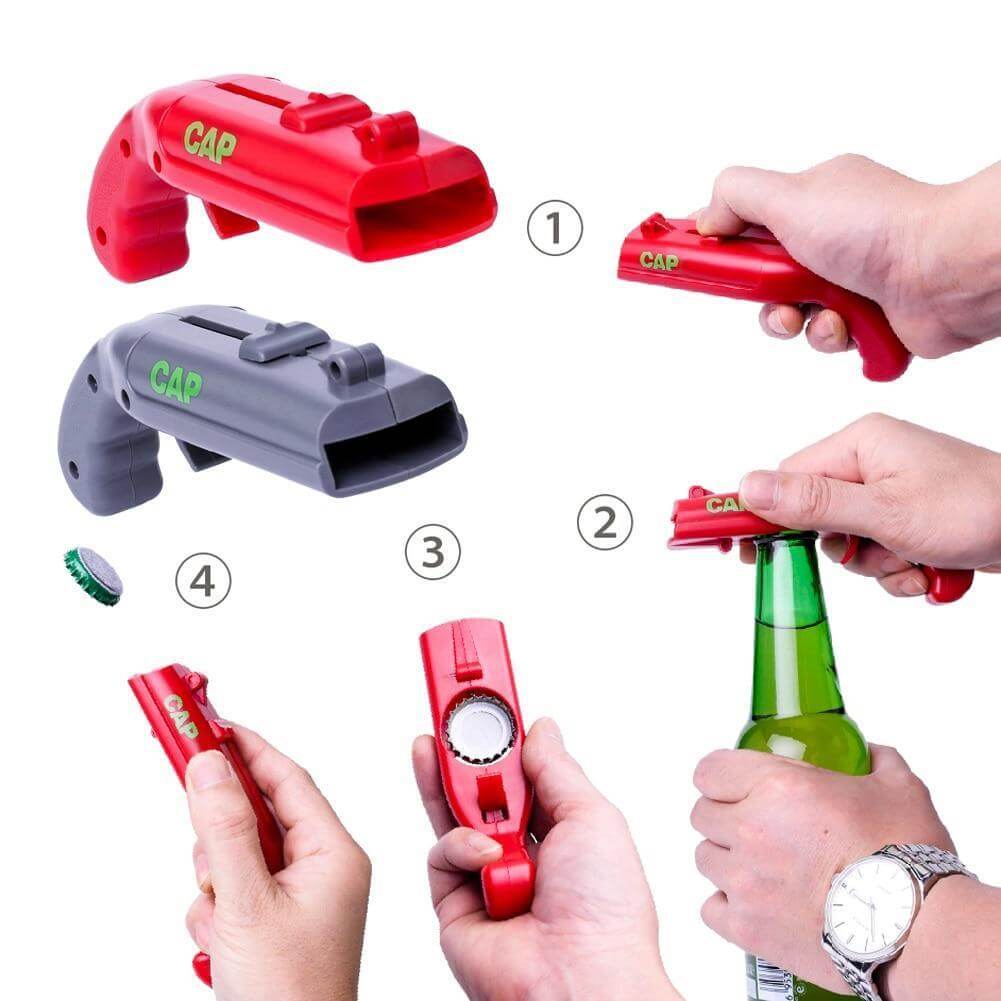 Stoere schietende flesopener, ultieme partygadget en grappig cadeau voor bierliefhebbers.