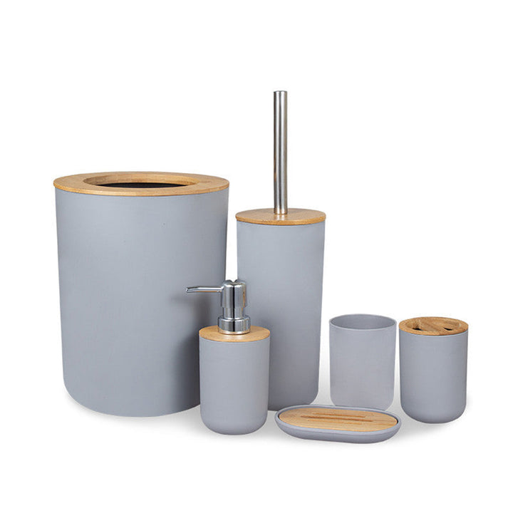 Stijlvolle en complete badkamer organisatie set in modern grijs, zwart en wit design. Perfecte huis decoratie.