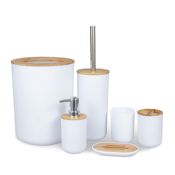 Complete moderne badkamer accessoires set voor thuis, inclusief zeepbakje en toiletborstel. Stijlvol grijs/zwart/wit design.