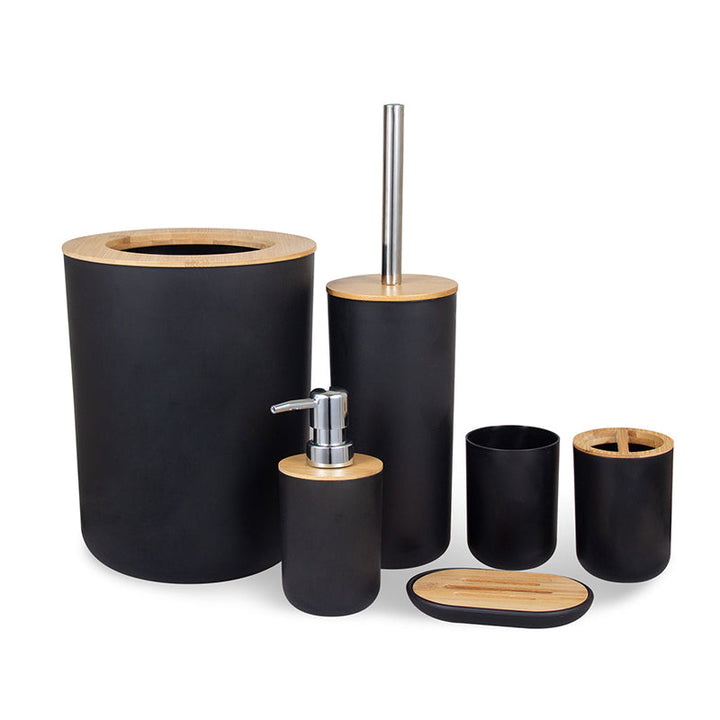Stijlvolle badkamer decoratie set met zeepdispenser, tandenborstelhouder en beker in modern grijs/wit/zwart design.