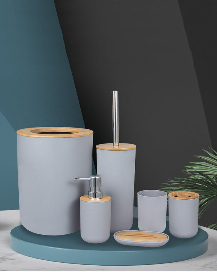Moderne 5-delige badkamer accessoires set in grijs/zwart/wit voor stijlvolle organisatie. Complete design decoratie.