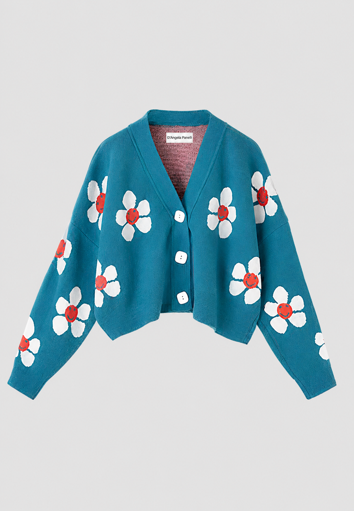 Comfortabel gebreid damesvest met levendige bloemenprint en V-hals, perfect voor najaar mode.
