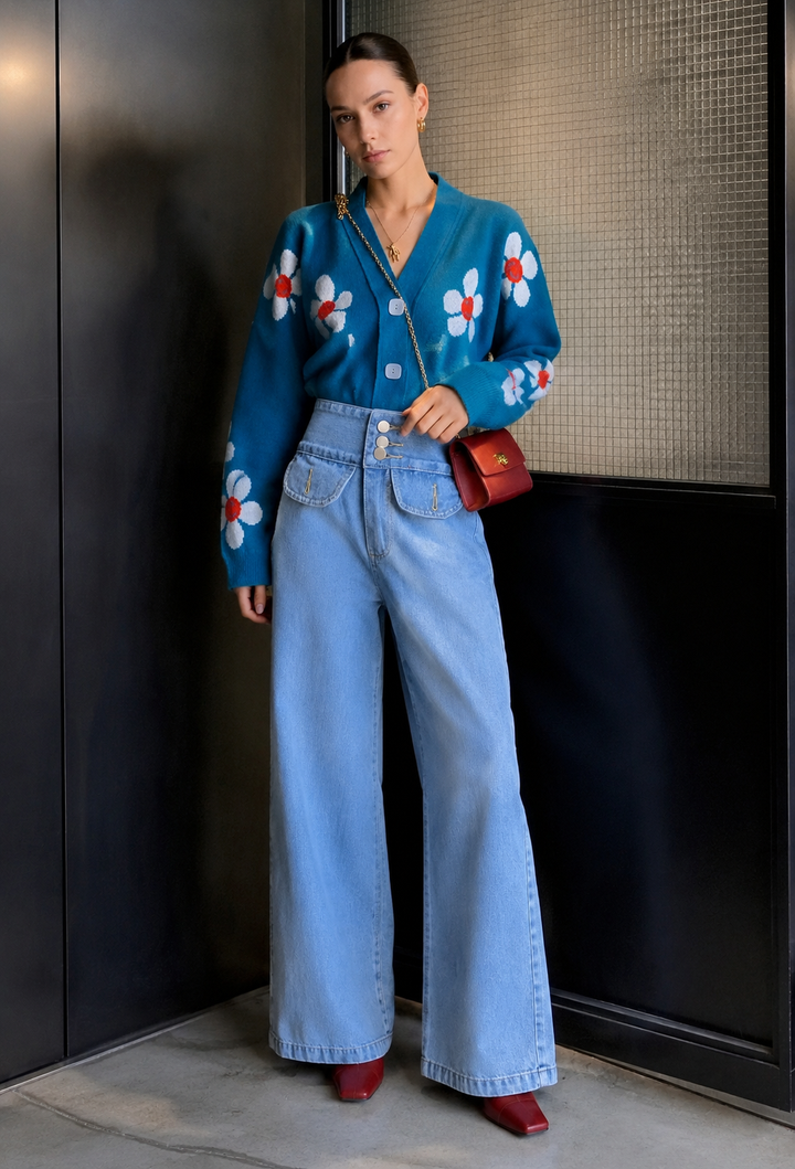 Stijlvol gebreid damesvest met bloemenprint en V-hals. Elegant en comfortabel voor het najaar.