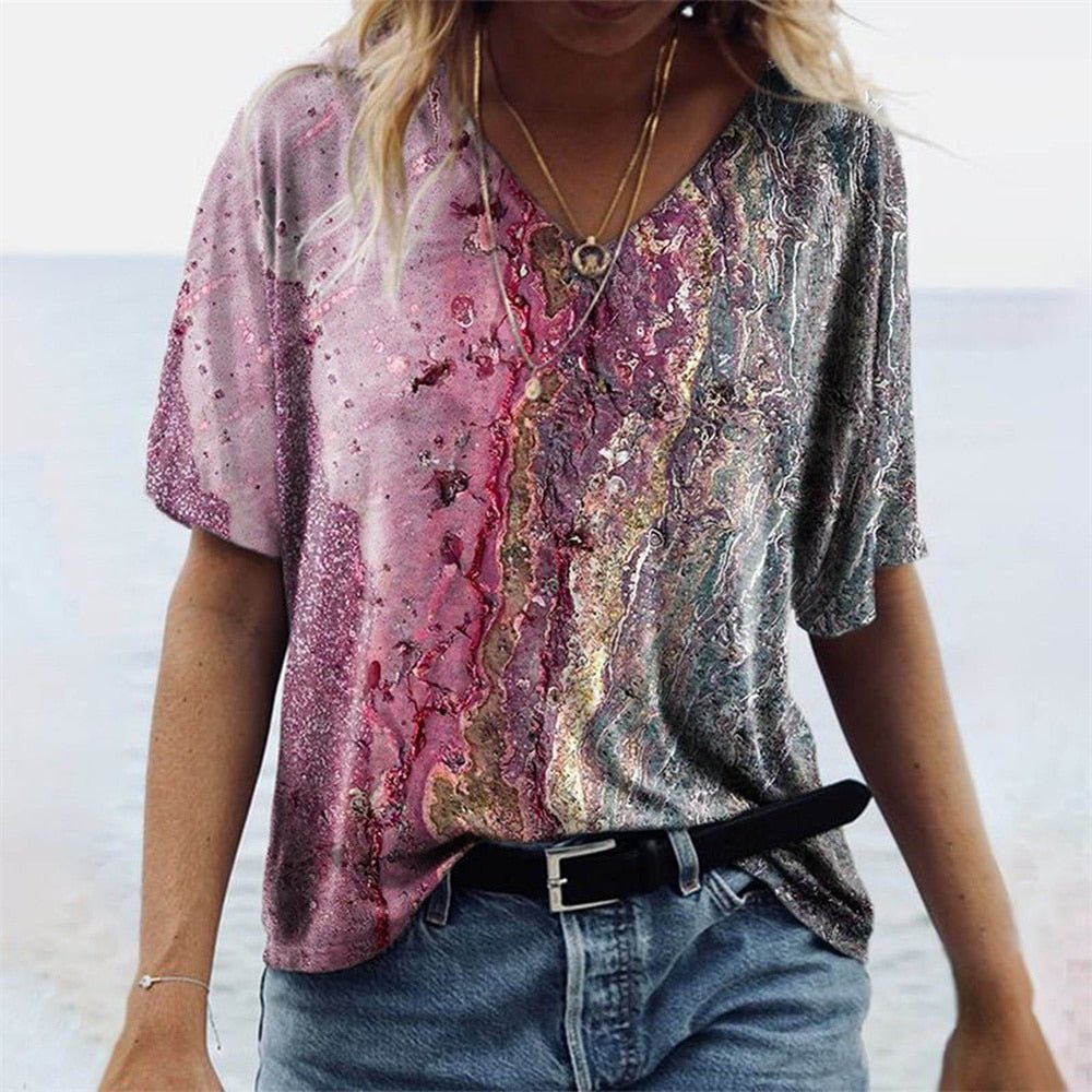 Fris dames zomer t-shirt met abstracte print, V-hals en korte mouwen, voor comfort en stijl.