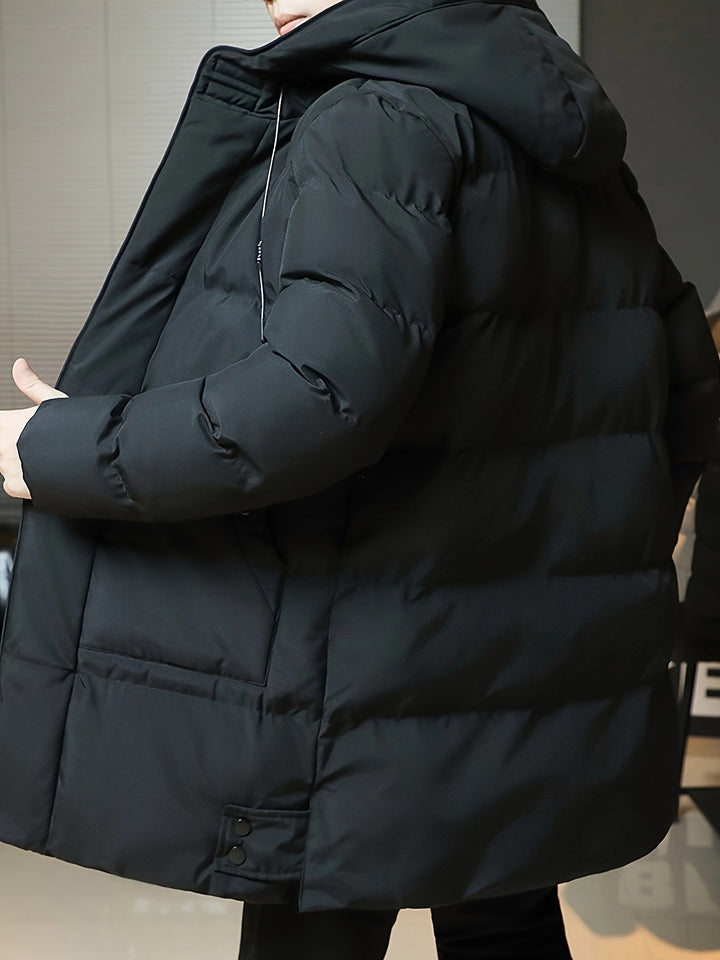 Heren winterjas zwart, gewatteerde parka met capuchon voor outdoor comfort.