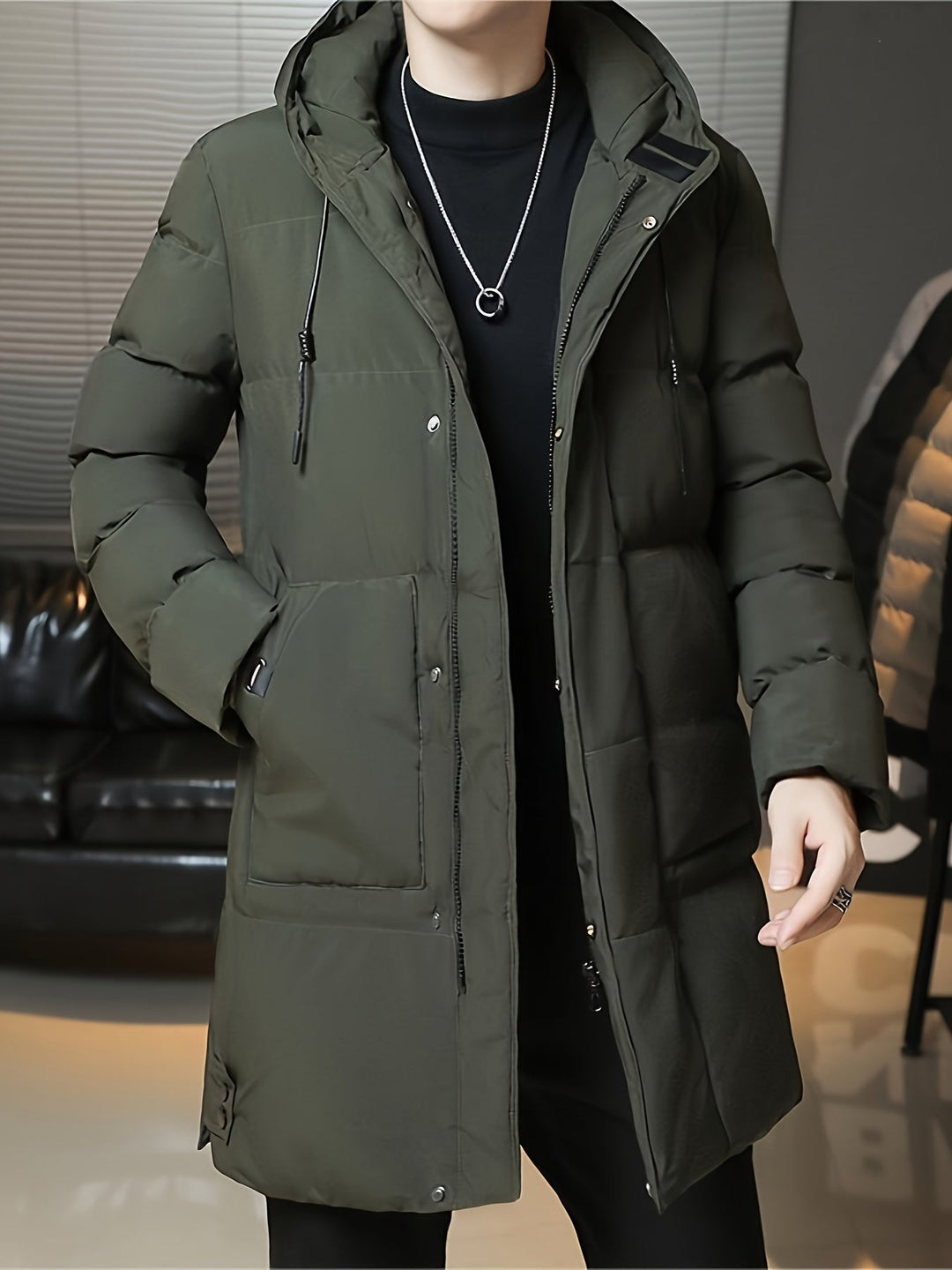 Casual zwarte parka voor heren, comfortabele wintermode van katoenmix.