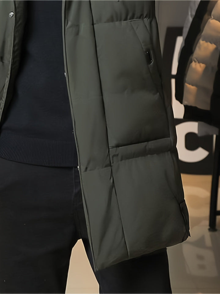 Zwarte heren gewatteerde winterjas, duurzame katoenmix voor outdoor avonturen.