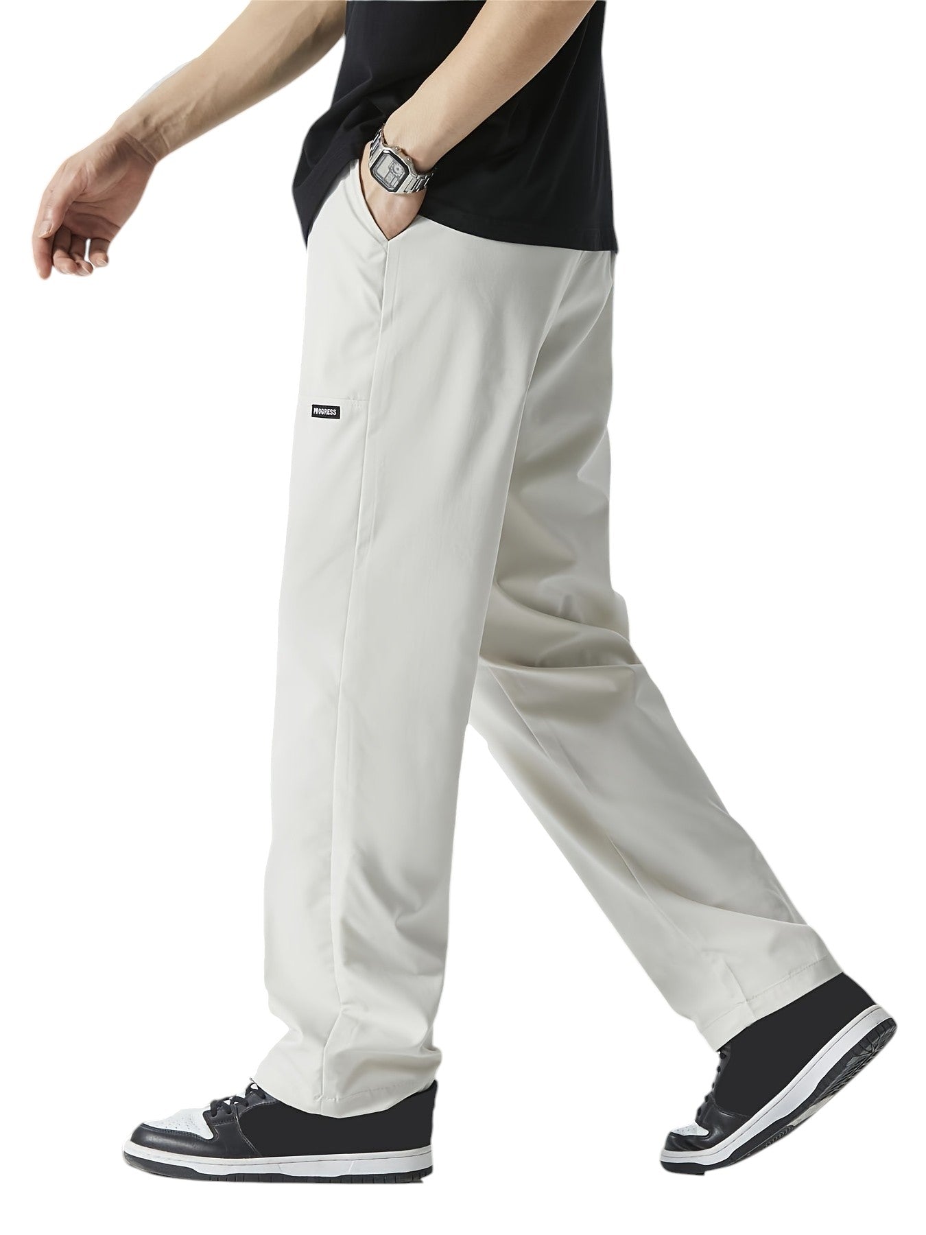 "Casual chique heren joggingbroek, donkergrijs, ademende stof, elastische tailleband met trekkoord, comfortabele pasvorm."