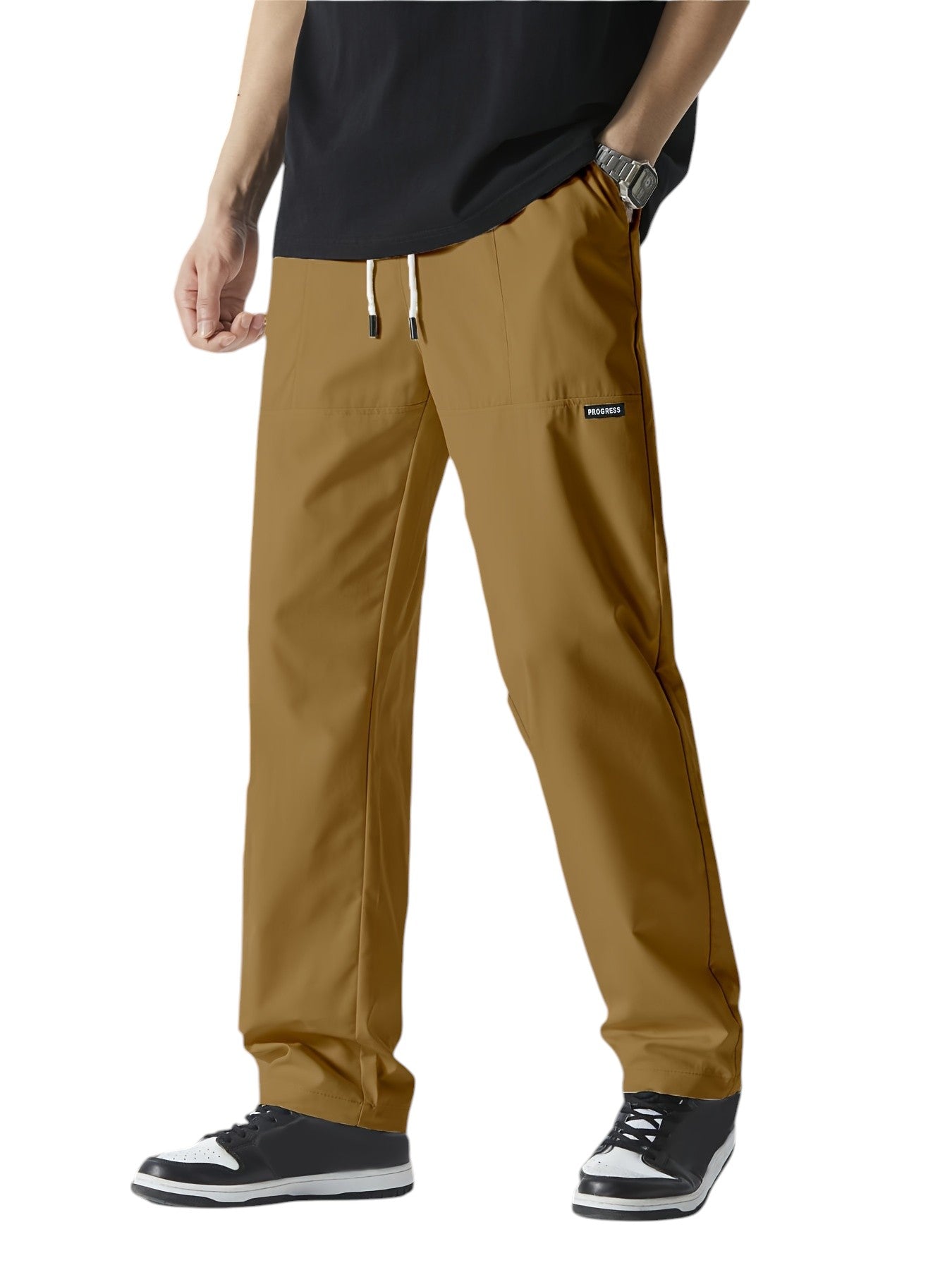 "Casual chique heren joggingbroek, donkergrijs, ademende stof, elastische tailleband met trekkoord, comfortabele pasvorm."