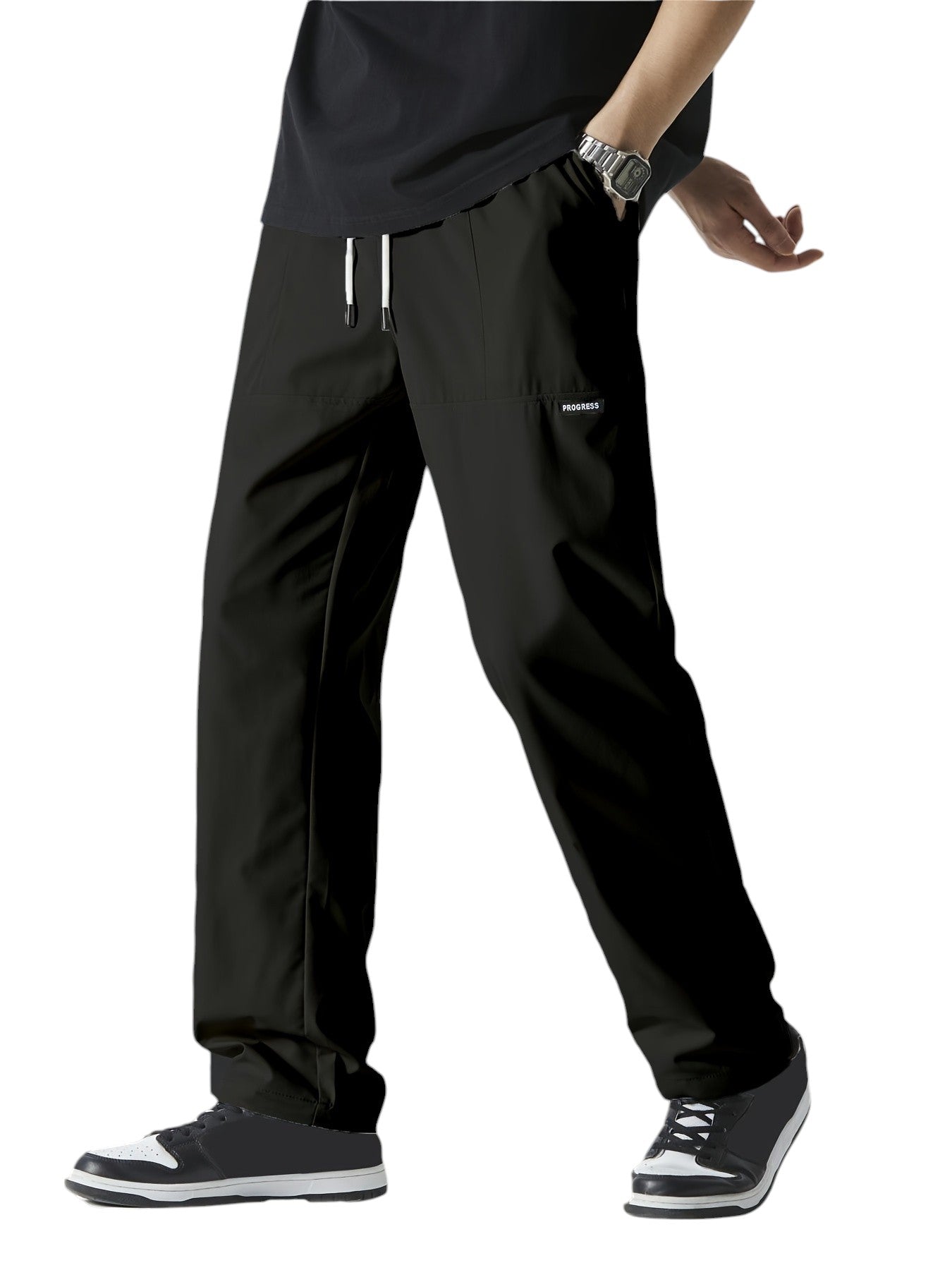 "Casual chique heren joggingbroek, donkergrijs, ademende stof, elastische tailleband met trekkoord, comfortabele pasvorm."