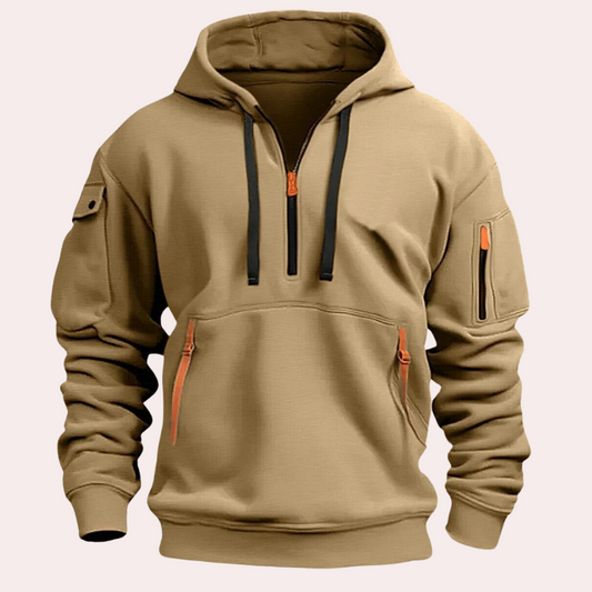 "Casual grijze heren hoodie met half zip, hoogwaardig materiaal, verstelbare capuchon, stijlvol en comfortabel ontwerp."