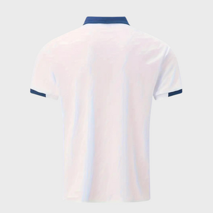 "Casual herenpolo in polyester, stijlvol ontwerp met knopen en korte mouwen, ademend en kreukbestendig."