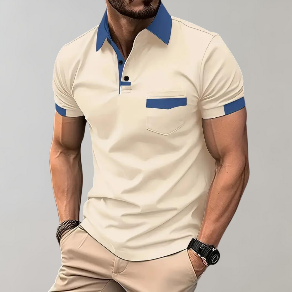 "Casual herenpolo in polyester, stijlvol ontwerp met knopen en korte mouwen, ademend en kreukbestendig."