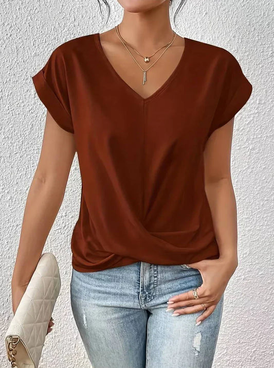 "Casual V-hals blouse met korte mouw, lichtgewicht en elegante pasvorm, ideaal voor dagelijkse chic stijl."