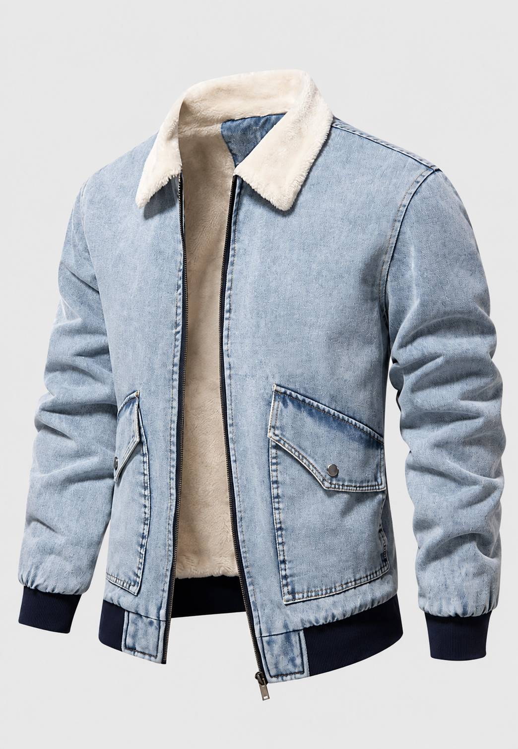 Warm heren denim bomberjack met schapenvachtlook voering en ritssluiting, voor koude dagen.