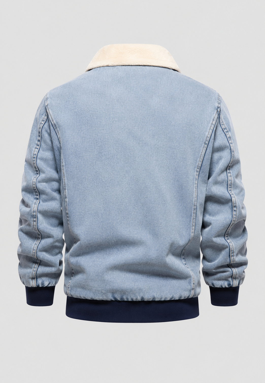 Stoer heren denim bomberjack met luxe schapenvachtlook voering, comfortabel en modieus.