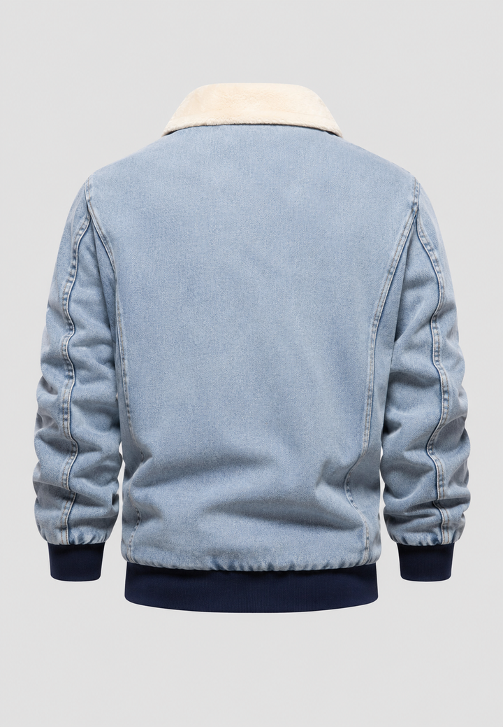 Stoer heren denim bomberjack met luxe schapenvachtlook voering, comfortabel en modieus.